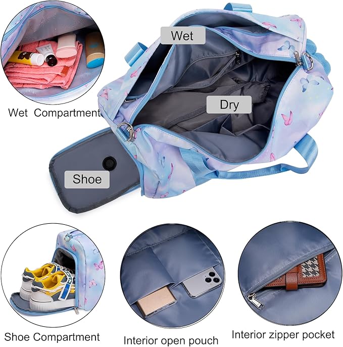 Cute Ballet Dance Bag Butterfly Dance Bag Sports Bag Gym Bag Duffle Bag Travel Bag for Girls with Shoes Compartment