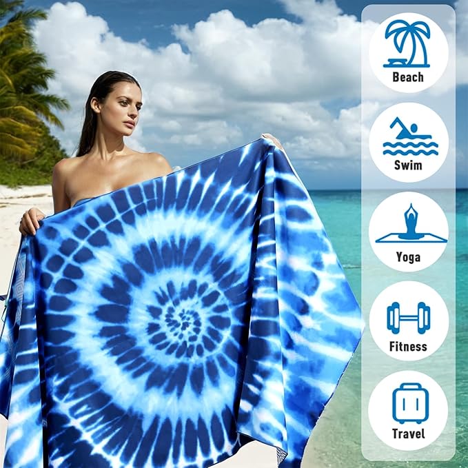 2 Pack Microfiber Beach Towel: Blue and Blue Oversized Pool Towel 75”x 35”, Sand-Free Quick Drying Camping Super Absorbent Bath Blanket, Soft Breathable and Lightweight for Kids & Adults