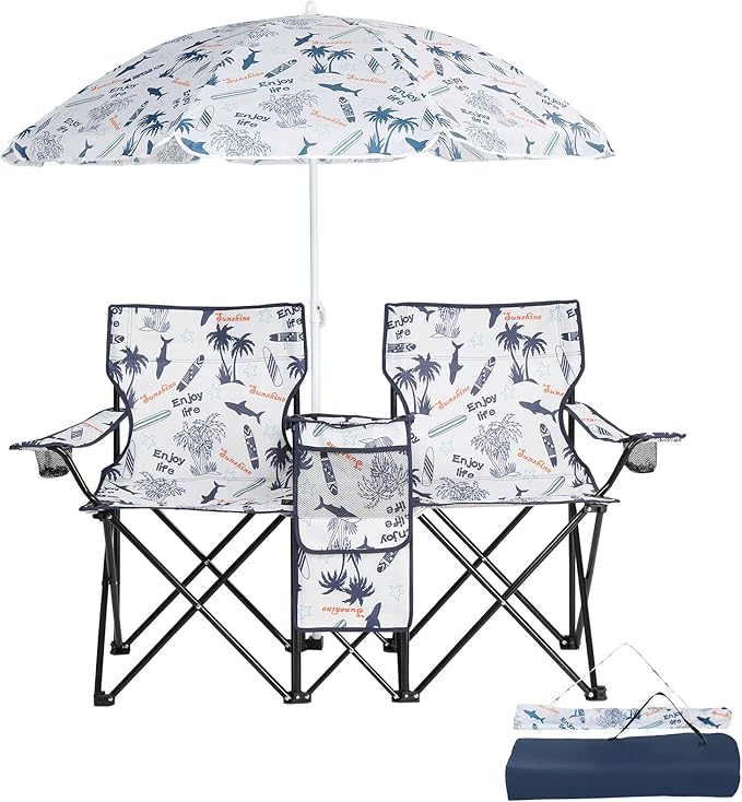Double Folding Camping Chair W/Umbrella Fold Up Table Beverage Holder Carrying Bag Cooler for Patio Pool Park Outdoor Beach, Picnic, Portable (Coconut)