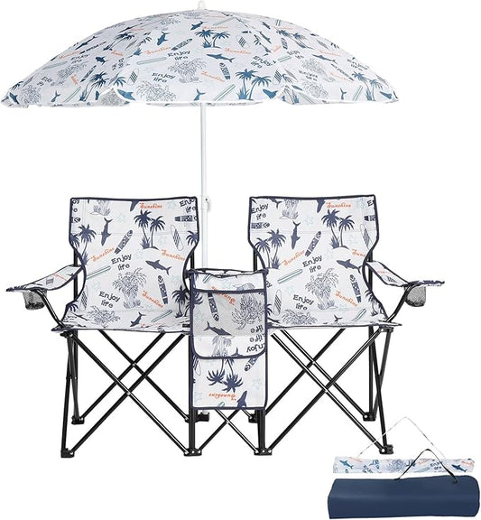 Outvita Folding Double Camping Chair w/Umbrella Beverage Holder Carrying Bag Cooler Fold Up Table, Large Bearing Capacity for Beach Patio Pool Park Outdoor Shark Pattern