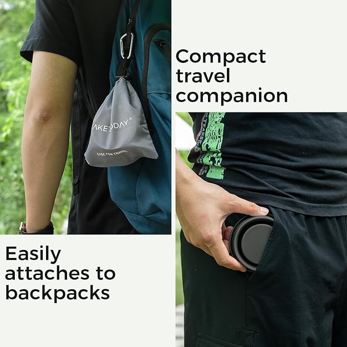 TakeToday Collapsible Travel Cup 8 oz - Silicone Foldable Water Cup, BPA-Free with Lid & Waterproof Bag - Drinking Cup Set for Camping, Outdoors & International Travel（ Charcoal）