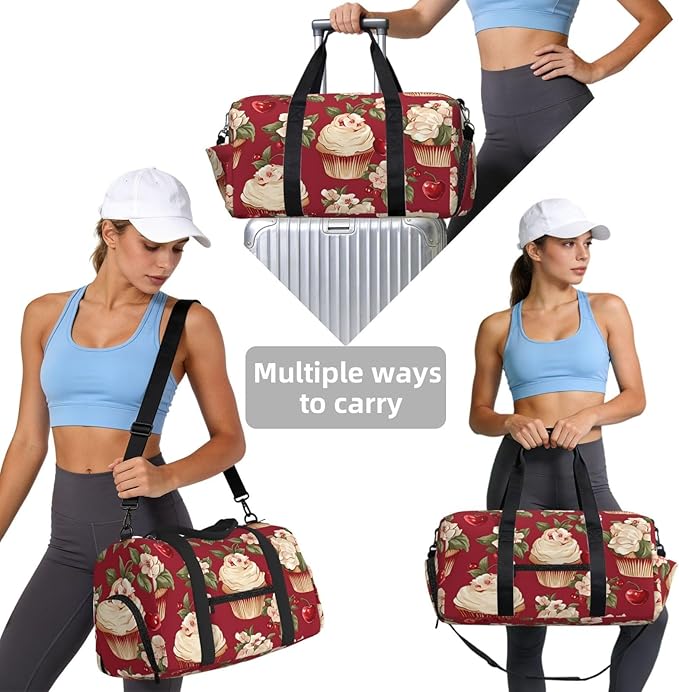 Sports Gym Bag Flowers Floral Small Cakes Travel Duffel Bag With Shoe Compartment Shoulder Strap, Lightweight Water-Resistant Weekend Overnight Totes For Women Men