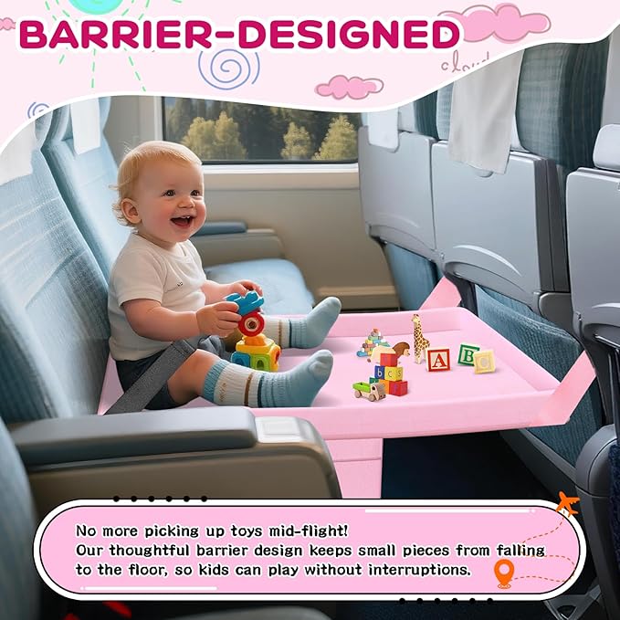 omzer Toddler Airplane Bed - Airplane Seat Extender for Kids - Barrier Designed Flyaway Kids Bed Airplane with Pockets - Portable Plane Bed Foot Rest for Flights Travel Essentials Pink