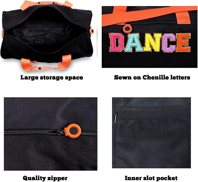Girls Dance Duffle Bag with Chenille Patch,Cute 16.5" Ballet, Cheer, Gymnastics Class Bag for Kids, Toddler Girls,Teens,Large Capacity Overnight Travel Bag (Black)