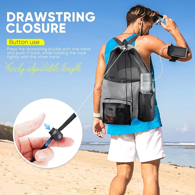 Swim Mesh Beach Bag, Waterproof Gym Bags for Women and Men, Large Pool Bag Swimming Gear Drawstring Backpack
