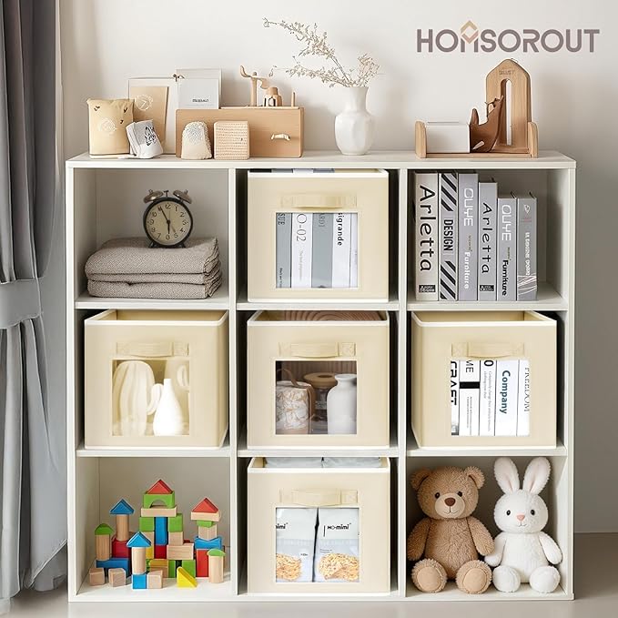 Storage Cube 11 Inch - Cube Storage Bins with Window, Closet Storage Baskets with Handle, Fabric Bins for Closet, Shelves, Toys, Clothes, Set of 14, Beige