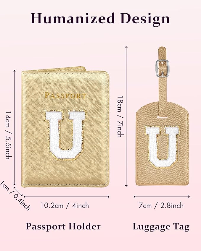 Slohif Passport Holder Initial Lugguage Tag Set Suitcase Cover Wallet Case for Travel Women - Leather Letter Passport Book Personalized Organizer Card Protector Sleeve Essentials Slim Carrier Gold U