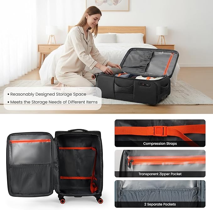28 inch Luggage with Spinner Wheels,Large Softside Expandable 20% Checked Luggage w/TSA LOCK,Lightweight Durable Rolling Luggage for Men/Women（Black,28in）