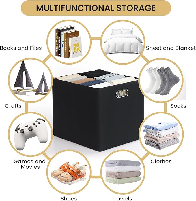 Posprica Collapsible Storage Bins,13×15x13 Foldable Storage Cube Boxes Fabric Drawer for Closet Shelf Cabinet Bookcase, set of 4 (1200D Black)