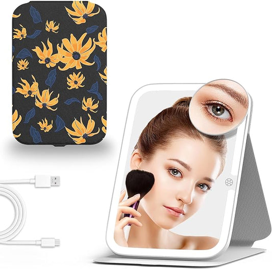 Mocado Travel Makeup Mirro with Lights, 360° Rotation Lighted Makeup Mirror, Portable Mirror with 10x Magnification, 60LEDs 3 Color Lightings, Dimmable Touch Screen, Tabletop Light up(Daisy)