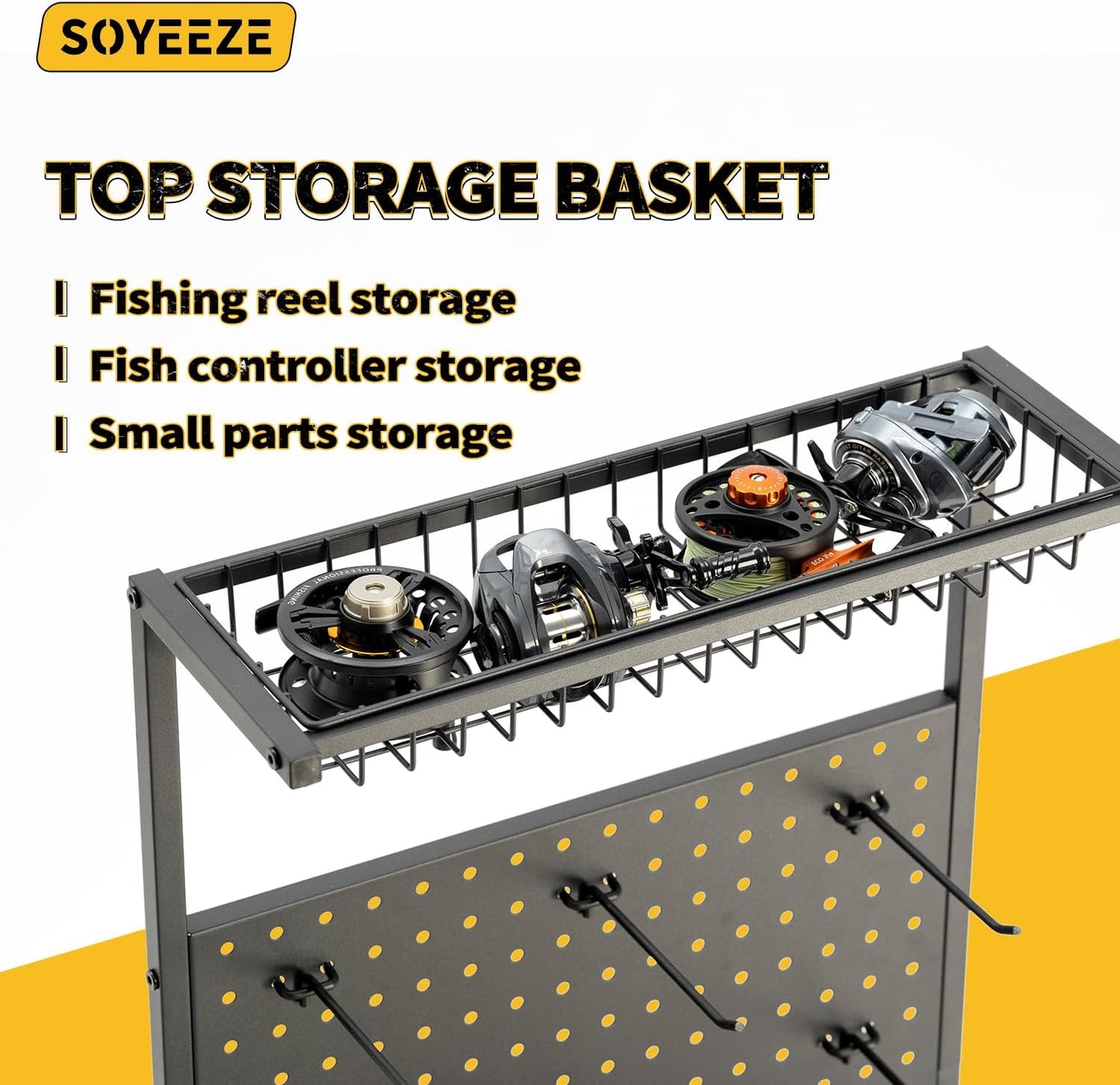 SOYEEZE Fishing Rod Holders for Garage,Fishing Gear Holder for Fishing Rod Tackle Box Storage，Fishing Pole Holders for 12 Rods with Hooks and Pegboard,Fishing Cart with Reel Rack