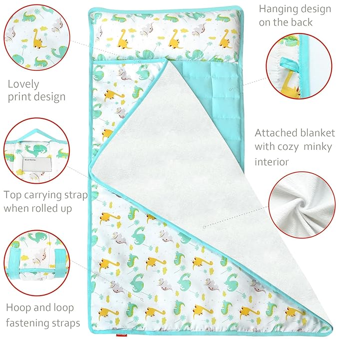 Moonsea Nap Mat with Pillow for Toddlers Dinosaur and Fleece Minky Blanket, Lightweight Perfect for Toddlers Preschool, Daycare, Travel Sleeping Bag Boys Girls, 21" x 50" Fit on a Standard Cot