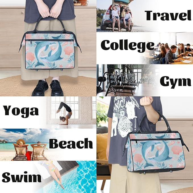 Travel Duffel Bag, Dolphin Shell Ocean Waterproof Sports Gym Duffle Bag, Large Capacity Weekender Carry On Overnight Bags for Women Men