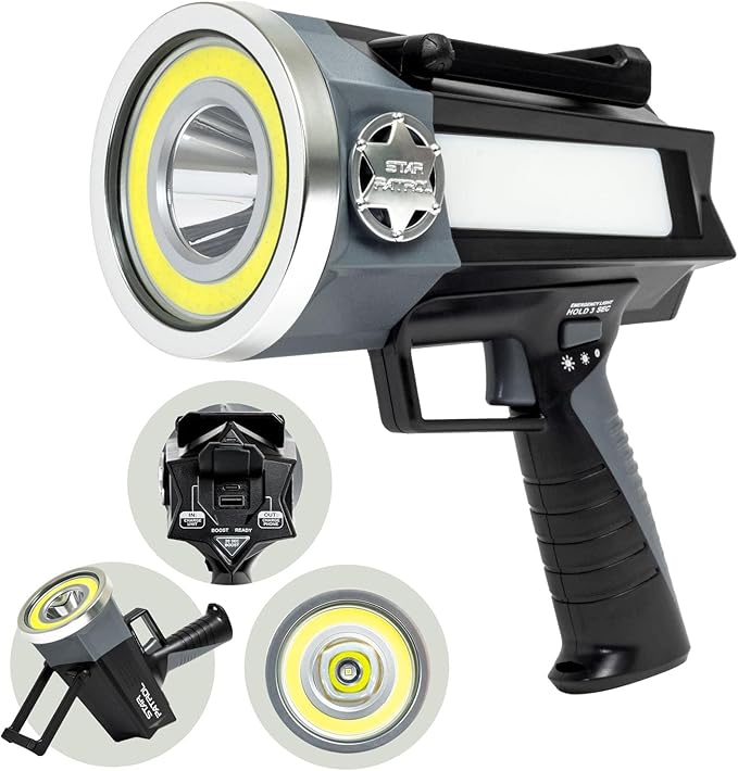 Star Patrol Platinum Mega-Bright Rechargeable Spotlight, AS SEEN ON TV, Tactical Flashlight, 10 Modes, Turbo Boost Up to 100%, Built-in Kickstand & Phone Charger, for Camping,Emergencies, 9 in, Black