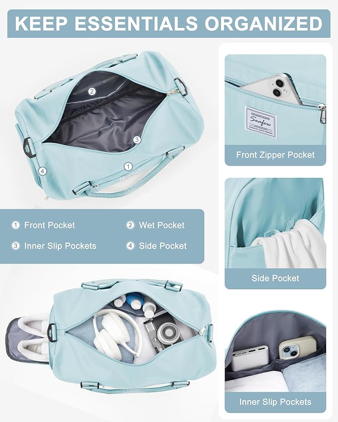 Gym Bags Womens Mens with Shoes Compartment and Wet Pocket Travel Duffel Bag for Women for Plane Sport Gym Tote Bags Swimming YogaSmall Waterproof Weekend Overnight Bag Carry on Bag Hospital Holdalls