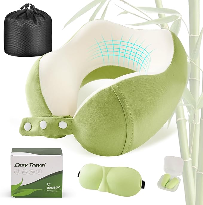 Neck Pillow for Traveling, Travel Pillows for Airplanes,100% Pure Memory Foam Travel Neck Pillow, Adjustable Flight Pillow, Portable Plane Accessories with Eye Mask, Earplugs, Carry Bag