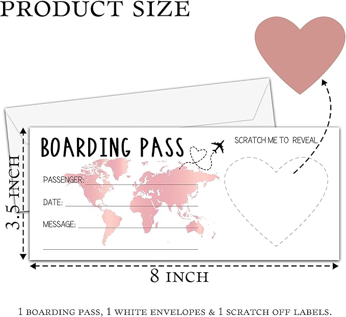 AWSICE Scratch Surprise Boarding Pass, 1 Set Make Your Own DIY Travel Ticket, Surprise Reveal Card for Holiday, Christmas, Wedding, Birthday, Anniversary, Party Supply(3.5"x8" Pink)-A003