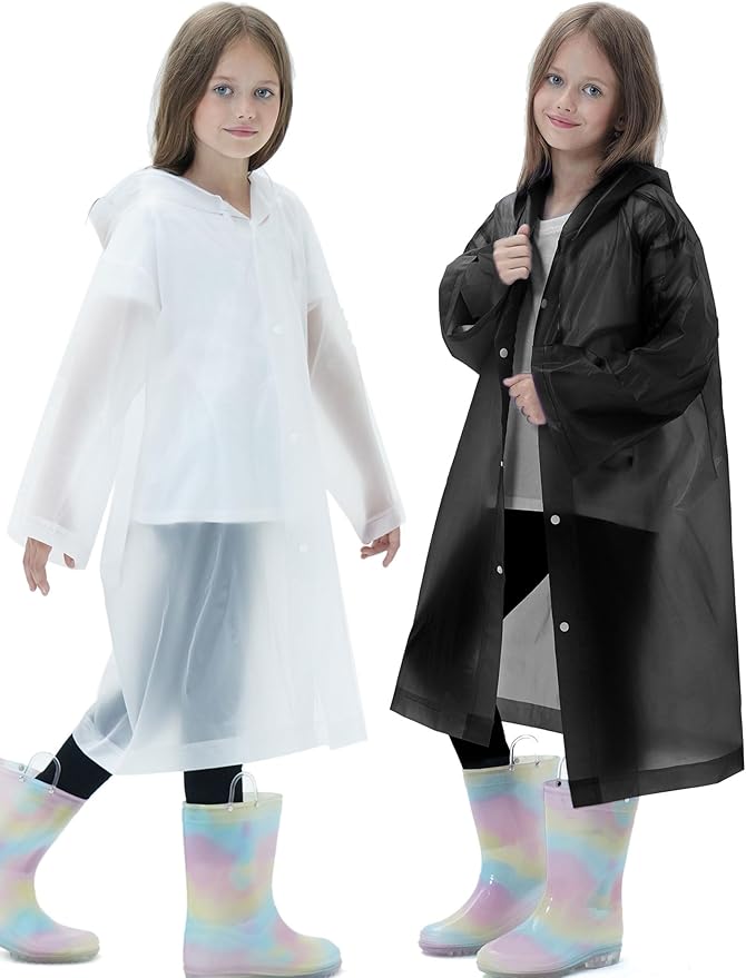 2 Pack Raincoats for Kids, Reusable Rain Ponchos with Hood and Sleeves Rain Coats for Boys and Girls