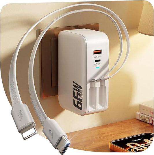 66W 4 in 1 Retractable Wall Charger,USB Type C Fast Charger for iPhone 17 Travel Charger for Multiple Devices,Fast Charging Block for Mac Book Pro/Air,M1 M2 M3 M4 M5, iPad Pro,Galaxy,Pixel