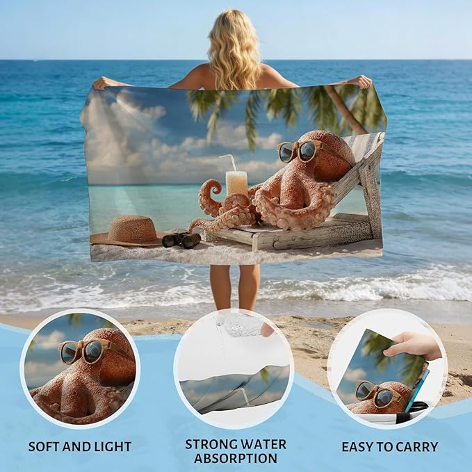 SARA NELL Octopus Beach Towel, Funny Octopus with Sunglasses and Drink Print, Summer Pool Beach Towel for Vacation Travel, Quick Dry Lightweight, 32"x52"