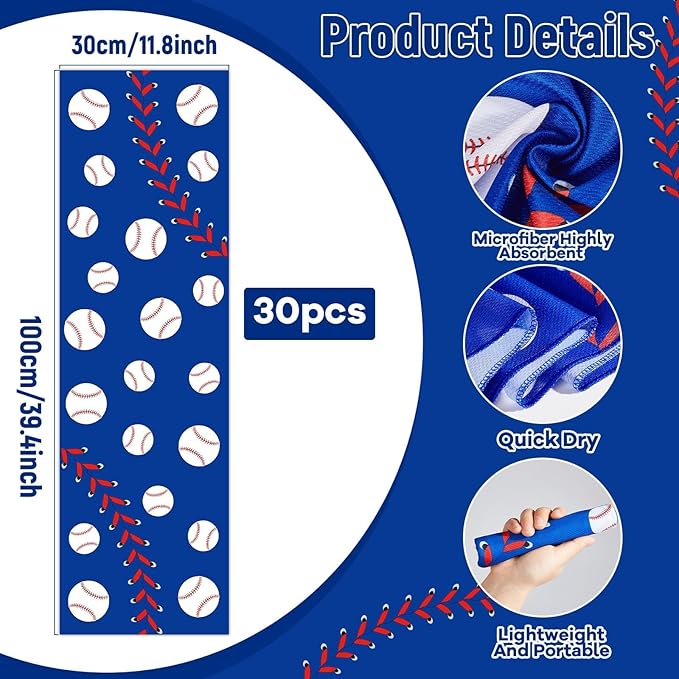 30Pcs Baseball Softball Cooling Towels for Neck and Face 40 x 12 Inch Baseball Sports Team Gifts Microfiber Breathable Workout Ice Towel Sweat Chilly Bulk Neck Wraps for Athletes Gym Camping Blue