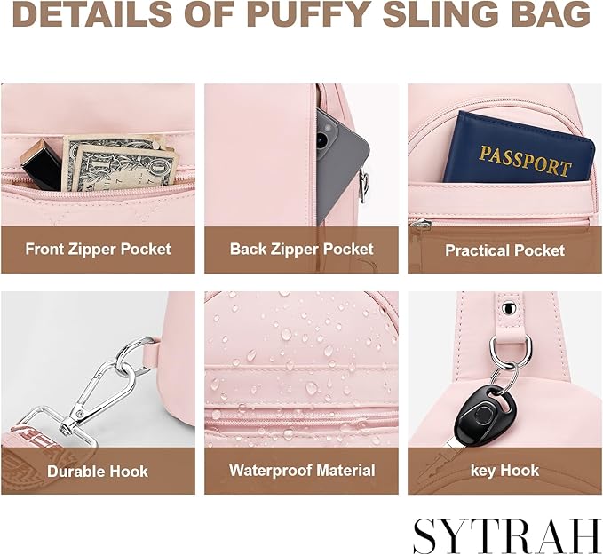 Sling Bag for Women, Anti-Theft RFID Crossbody Bag Nylon Sling Purse for Travel, Puffy Small backpack for Daily Hiking Sports Pink