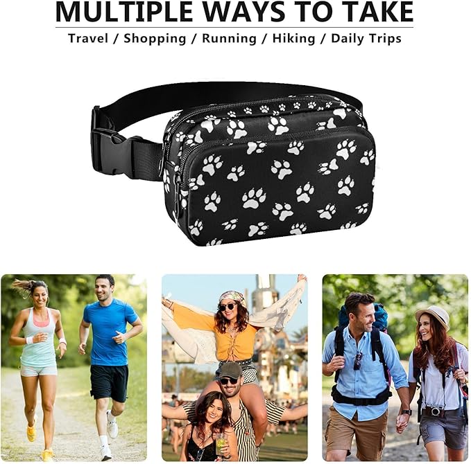 Black and White Animal Paw Fanny Pack for Women Men Water Resistant Fashion Waist Packs with Adjustable Strap Belt Bag for Travel Workout Jogging Hiking 21218274