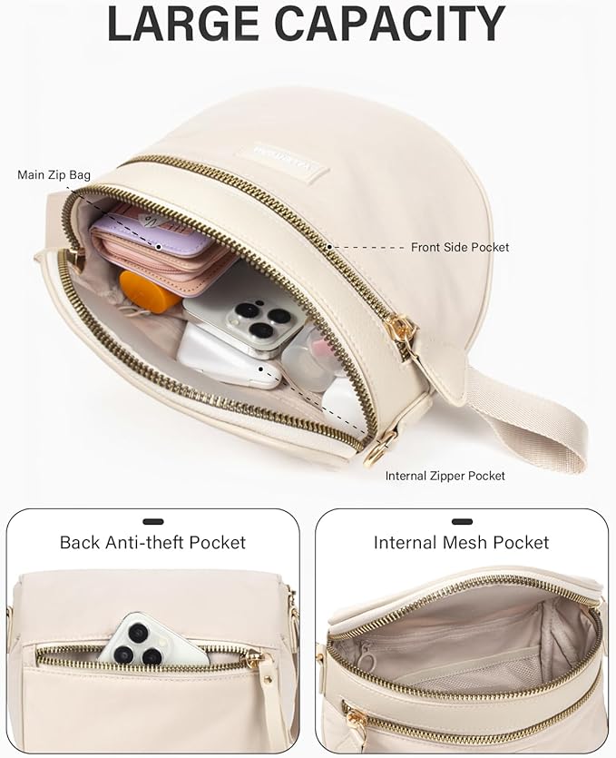 Large Nylon Crossbody Bags for Women Spacious Bum Bags for Women Crossbody Large Fanny Pack Sling Bag with Removable Wallets Purse Belt Pouch (Beige)