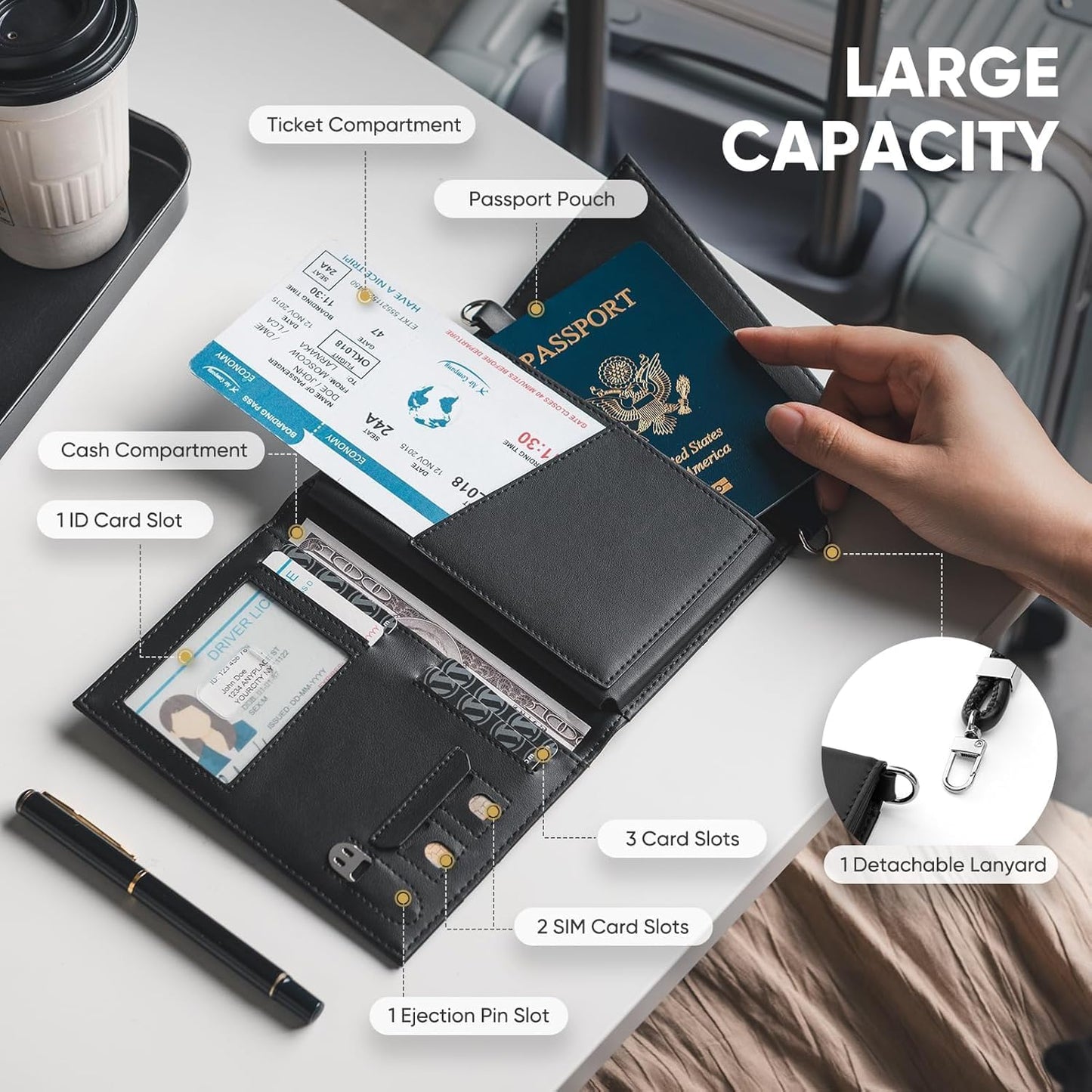 Real Leather Wallet RFID Blocking Passport Holder with Travel Lanyard Document Organizer Brown (Black)