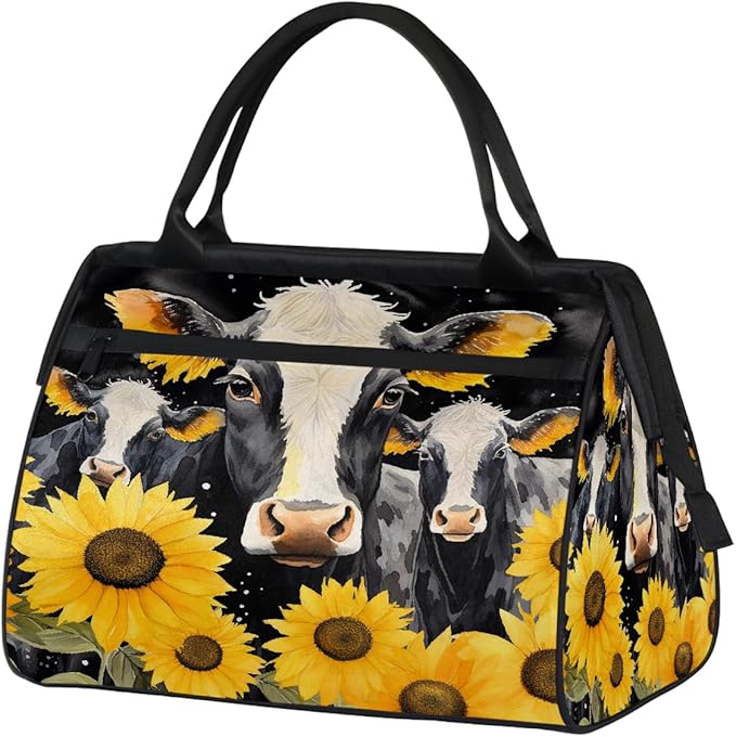 Gym Bag for Women Men, Watercolor Yellow Sunflowers Cow Sports Duffel Bags, Waterproof Travel Weekender Overnight Carry On Tote Bags for Travel Sports