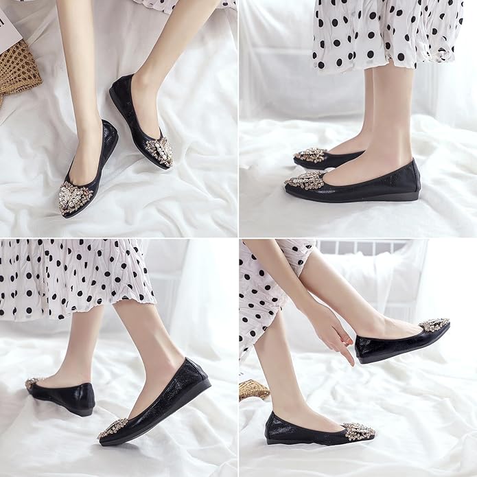 KUNWFNIX Women Ballet Flats Rhinestone Wedding Ballerina Shoes Foldable Sparkly Comfort Slip on Flat Shoes