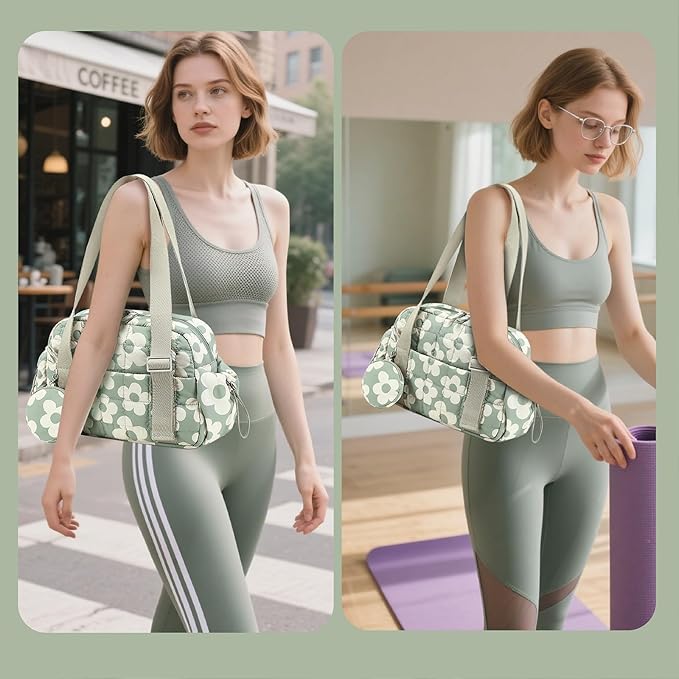 CAMTOP Mini Gym Bag for Women, Small Gym Tote Bag Puffy Quilted Sports Duffel Bag with Wet Compartment and Coin Purse Duffel Bags Dance Yoga Workout Bag for Gifts (Green Flower, Mini-12.6")
