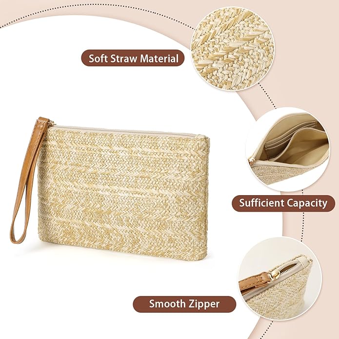 Clothirily Straw Purse Bag for Women Bohemian Handbag with Zipper Wristlet, Beach Clutch Womens Straw Clutch Purse for Summer