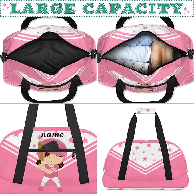 Custom Name Pink Baseball Girls Gym Travel Duffle Bag with Front Zipper Pocket Personalizedfor Sports Bag for Overnight, Weekender, Carry On,Workout & Dance, 18.9 * 8.7 * 10.6 in