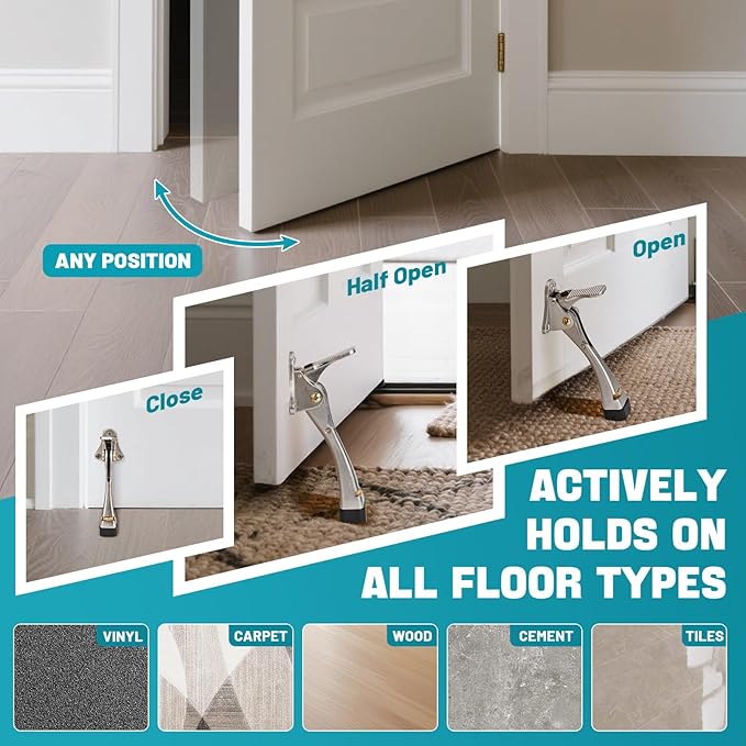 Kickdown Door Stopper 4 Inches - 2 Packs Door Stoppers for Bottom of Door One Touch Adjustable Door Stop，Made of Aluminum Alloy Metal Door Stops to Keep Door Open with Rubber Tip Black