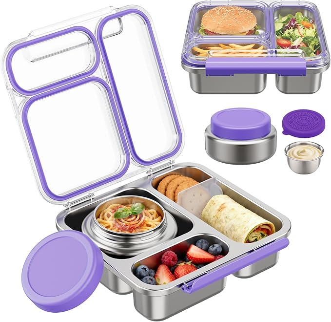 Stainless Steel Bento Box Kids Adult with 7oz Insulated Food Jar, Transparent Lid Metal Lunch Box With Soup Thermal Jar, Lunch Box Container with Removable Divider & Sauce Cup School (Purple)