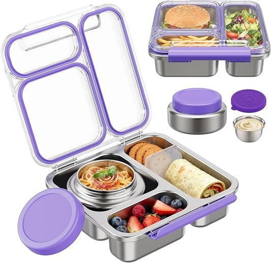 Stainless Steel Bento Box Kids Adult with 7oz Insulated Food Jar, Transparent Lid Metal Lunch Box With Soup Thermal Jar, Lunch Box Container with Removable Divider & Sauce Cup School (Purple)