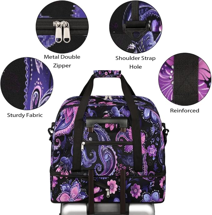 Purple Pink Abstract Paisley Large Weekender Bag with Shoe Compartment Travel Duffel Bags for Women Carry On Hospital Overnight Bag Foldable Personal Item Travel Bags Tote Gym Sports Airplanes
