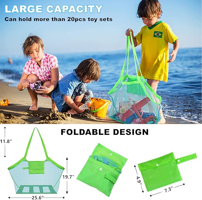 Mesh Beach Bag [Family Set] Extra Large Beach Tote Bag with Zipper Foldable Beach Toy Bag For Sand Toys & Women Vacation Essentials