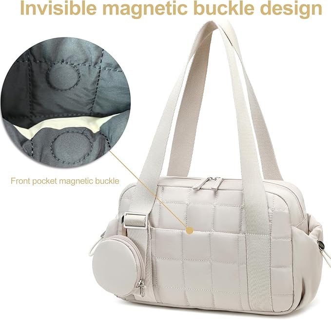 CAMTOP Mini Gym Bag for Women, Small Gym Tote Bag Puffy Quilted Sports Duffel Bag with Wet Compartment and Coin Purse Duffel Bags Dance Yoga Workout Bag for Gifts (Beige, Mini-12.6")