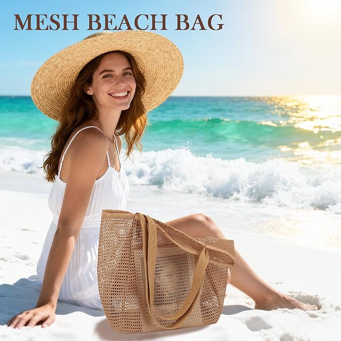 Fammart Mesh Beach Bag for Women, Summer Straw Tote Hobo Pool Bags with Zipper Pocket, Travel Vacation Cruise Essentials 2026