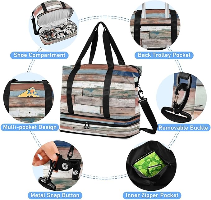 Travel Duffel Bags for Women Distressed Multicolour Wood Print Sports Duffel Bags Gym Bags with Shoes Compartment Tote Bag Weekender Bag for Travelling