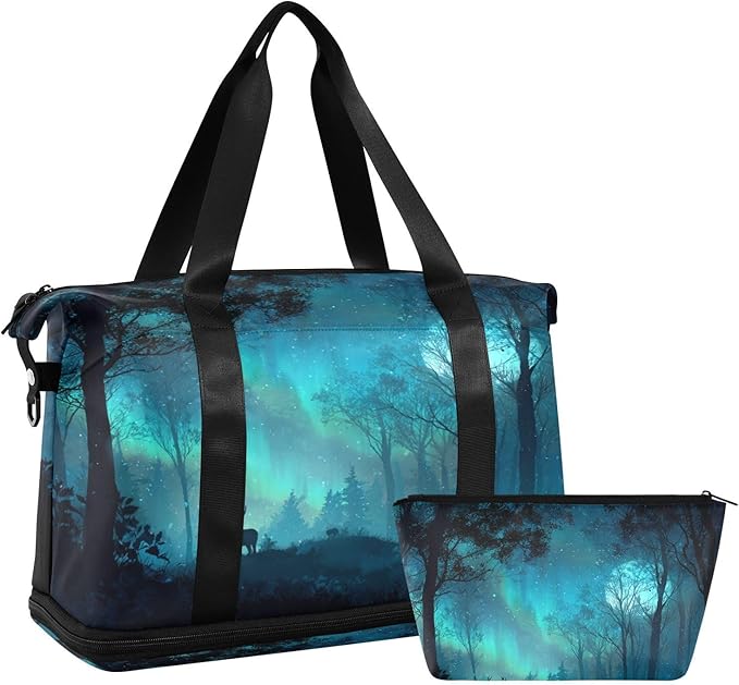 Travel Duffel Bags for Women Cute Forest Deer Silhouette Print Sports Duffel Bags Gym Bags with Shoes Compartment Tote Bag Weekender Bag for Travelling