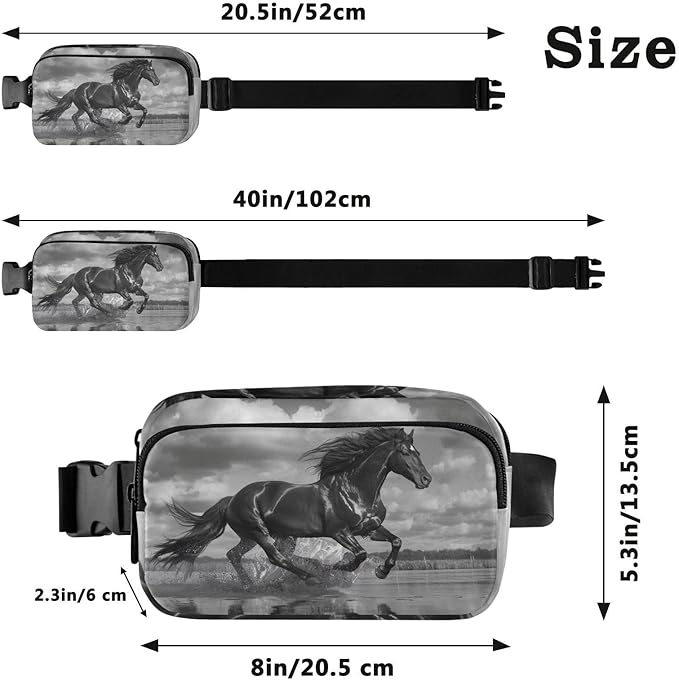 Black Horse Running in Beach Fanny Pack for Women Men Water Resistant Fashion Waist Packs with Adjustable Strap Belt Bag for Travel Workout Jogging Hiking 21220146