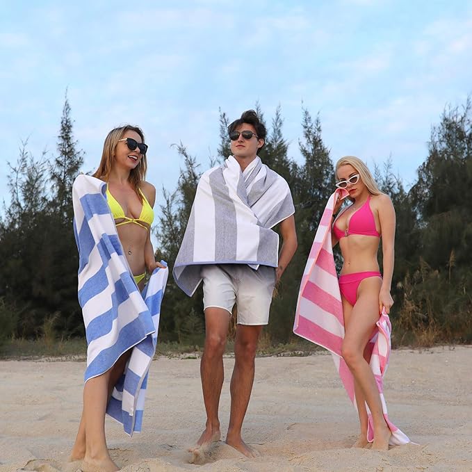 Cotton Oversized Beach Towel - Large 70 x 35 Inch Pool Towel, Green Striped Quick Dry Swimming Cabana Towel
