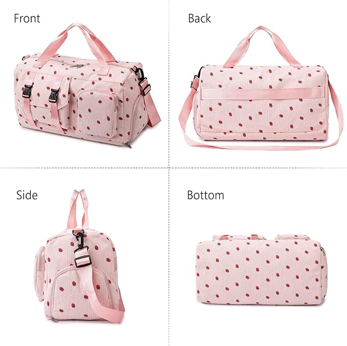 MYHOZEE Strawberry Corduroy Duffel Bag for Women, Gym Bag with Shoe Compartment & Wet Dry Pocket, Lightweight Travel Bag with Adjustable Strap, Sports Weekender Overnight Bag for Work Swimming Yoga