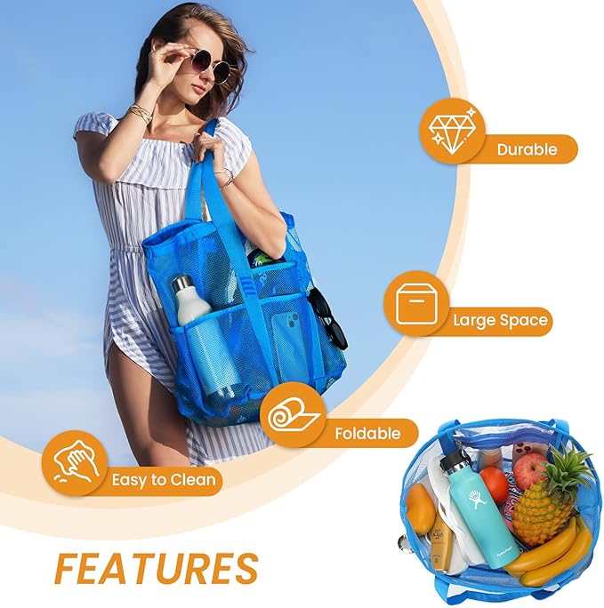 Tavaleu Mesh Beach Bag - Large Beach Tote with Multi Functional Pockets for Family Travel/Vacation