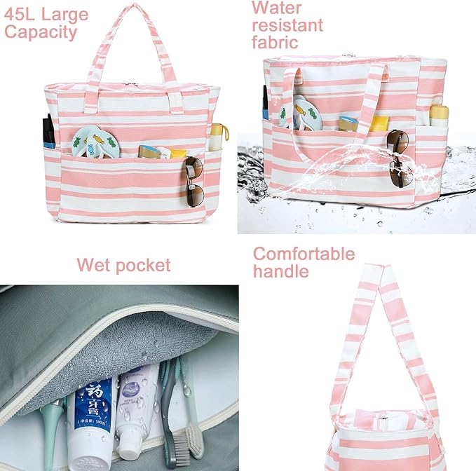 LEDAOU Beach Bag Waterproof Sandproof Women Beach Tote Pool Bag with Zipper for Swim Gym Grocery Travel with Wet Pocket | Sandproof, with Zipper, for Gym, Grocery, Travel, with Wet Pocket