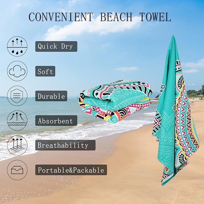 Beach Towel Microfiber 60"x30" Lightweight Sand Free Absorbent Quicy Dry Green Flower Travel Towels Swim Pool Yoga Gym Camping for Adults Women Girls Beach Essentials Accessories Vacation Gift