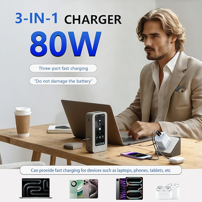 80W USB-C Retractable Fast Charger, PD Wall Charger with Built-in Retractable USB-C Cable, Portable Power Adapter for iPhone 17 Pro Max/16/15, Samsung, iPad, MacBook Air & USB-C Devices (White, 10)